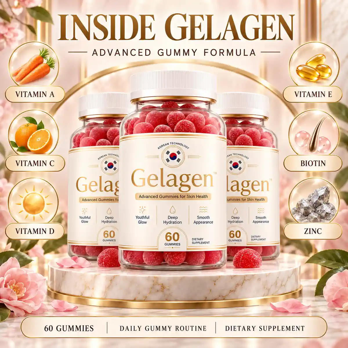 The seller's inside-the-jar panel: three Gelagen jars framed by photographs of carrots, oranges, sunlight, softgels, a hair strand and a mineral cluster
