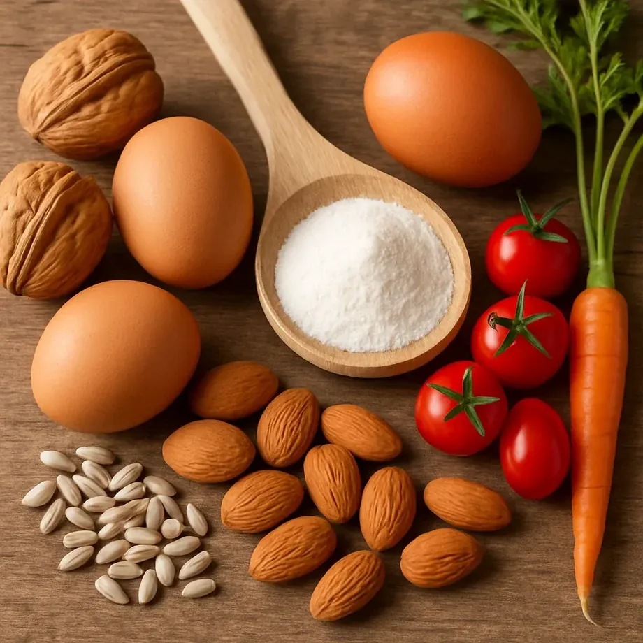 Eggs, walnuts, almonds, sunflower seeds, tomatoes and a carrot around a wooden spoon of white powder on a scrubbed table