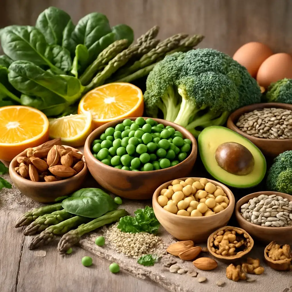 Spinach, asparagus, broccoli, garden peas, avocado, chickpeas, orange halves and nuts laid out on a pale wooden surface