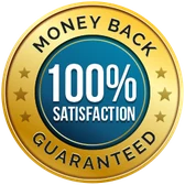 Gold and black seal reading 100 percent satisfaction guaranteed, 60 day money back