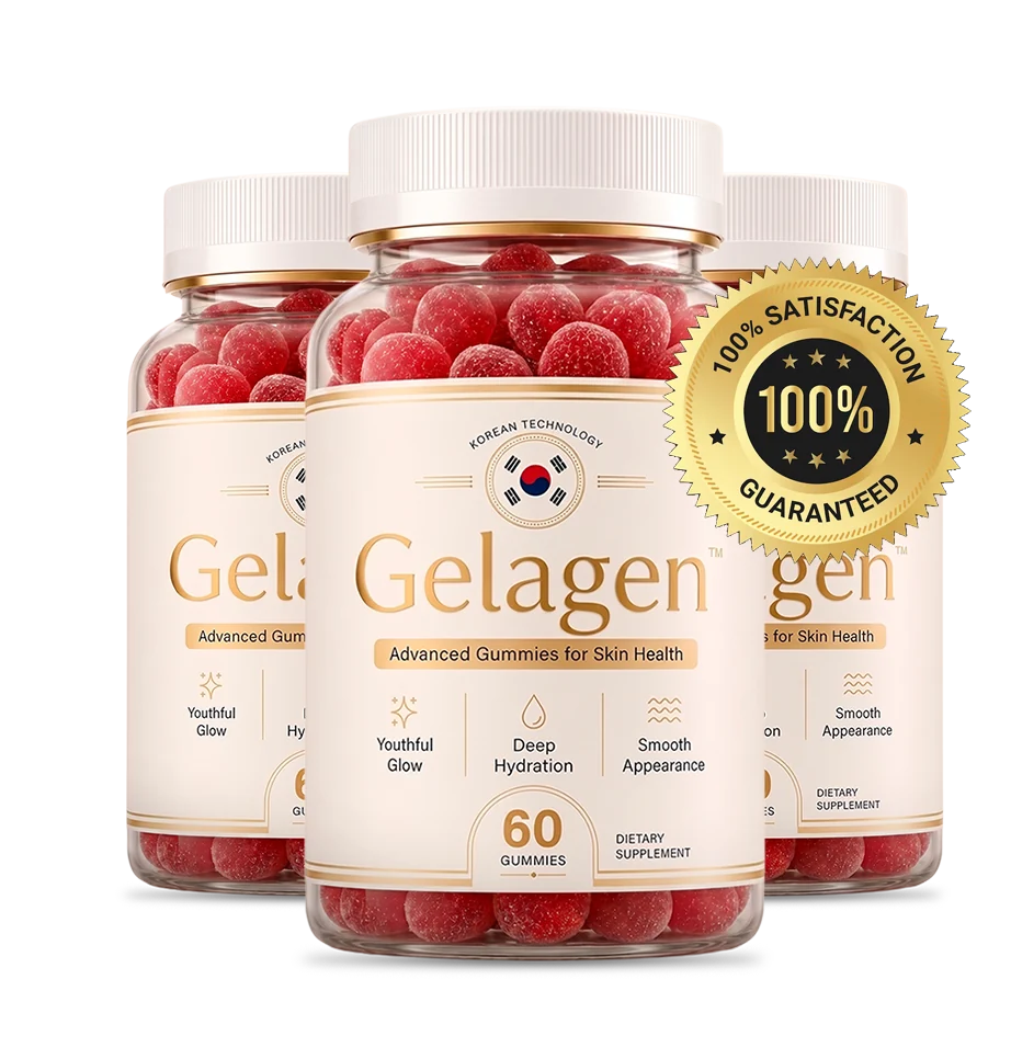Three Gelagen jars with a gold 100 percent satisfaction guaranteed seal across the front one, labelled Advanced Gummies for Skin Health