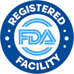 Blue roundel reading manufactured in an FDA registered facility